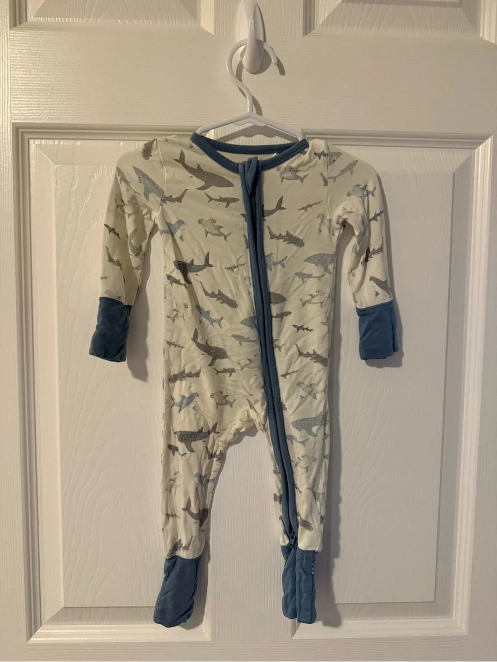Angel Dear Baby Shark-Print One-Piece Romper in Cream and Blue
